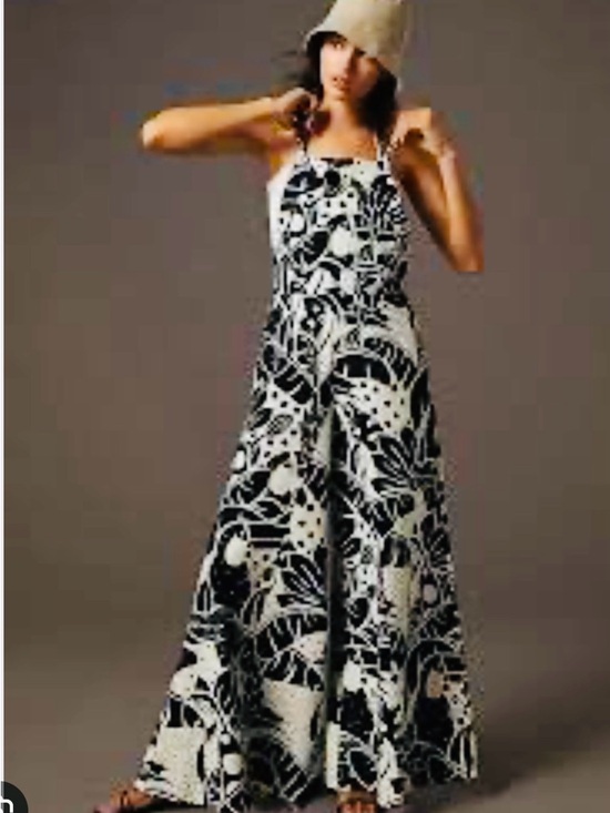 FARM Rio Pants - Farm Rio Anthropolgie Black & White Tropical Print Wide Leg Overalls